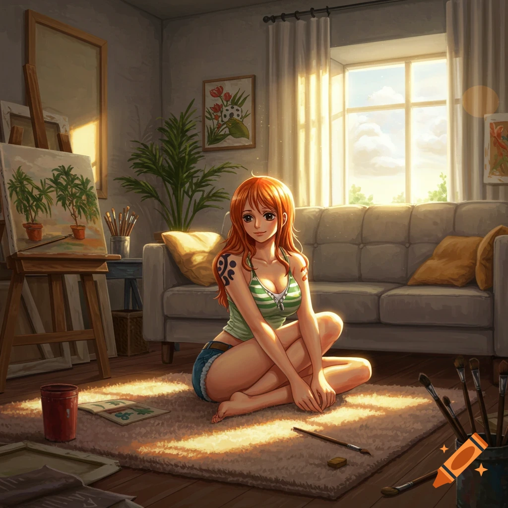 Anime woman with orange hair and arm tattoos sits on a shaggy rug in a sunlit art studio, looking at the viewer. An easel and sofa are in the background.