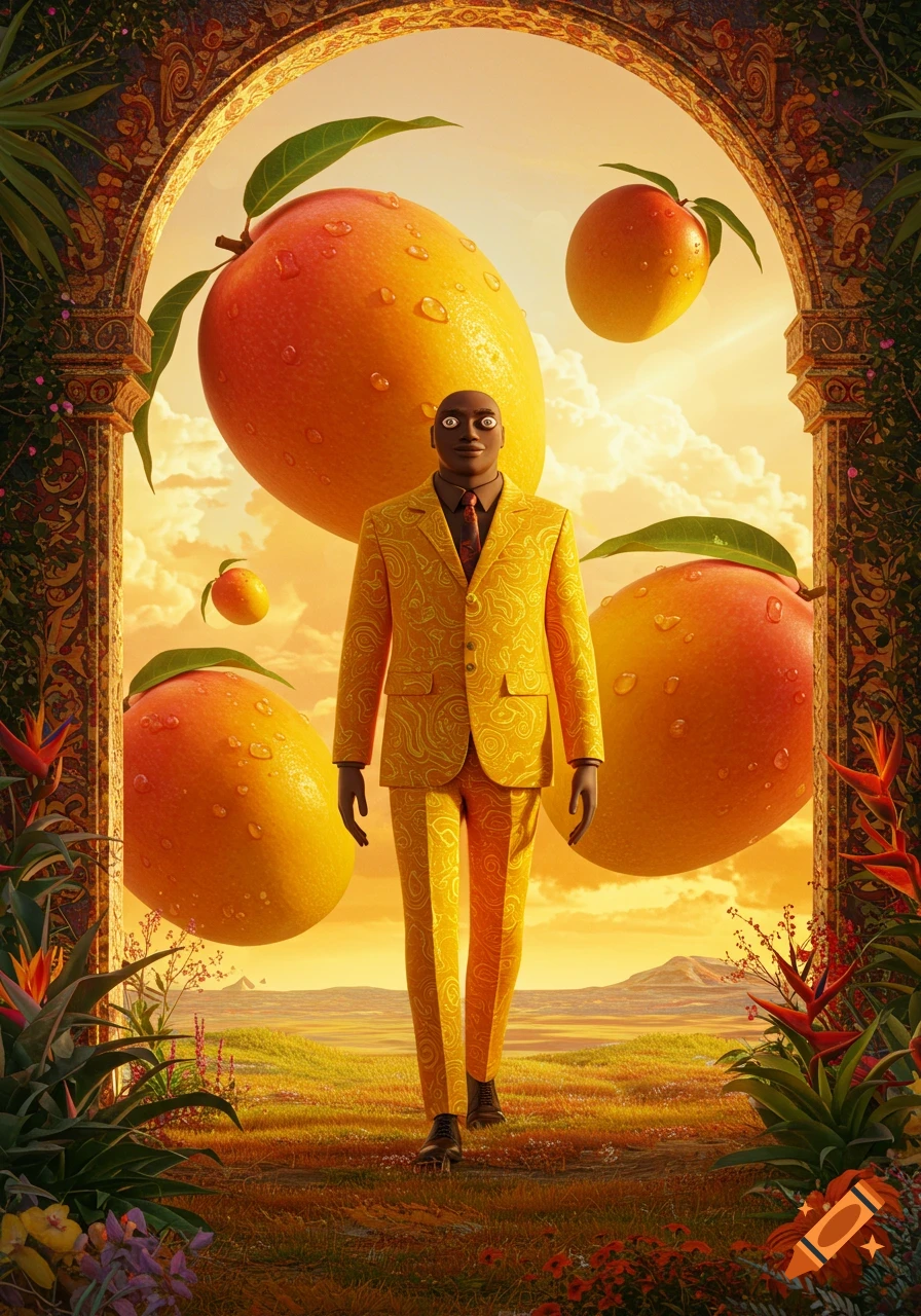A stylized man in a yellow suit walks past giant mangos and tropical plants, under an archway, against an orange sky.