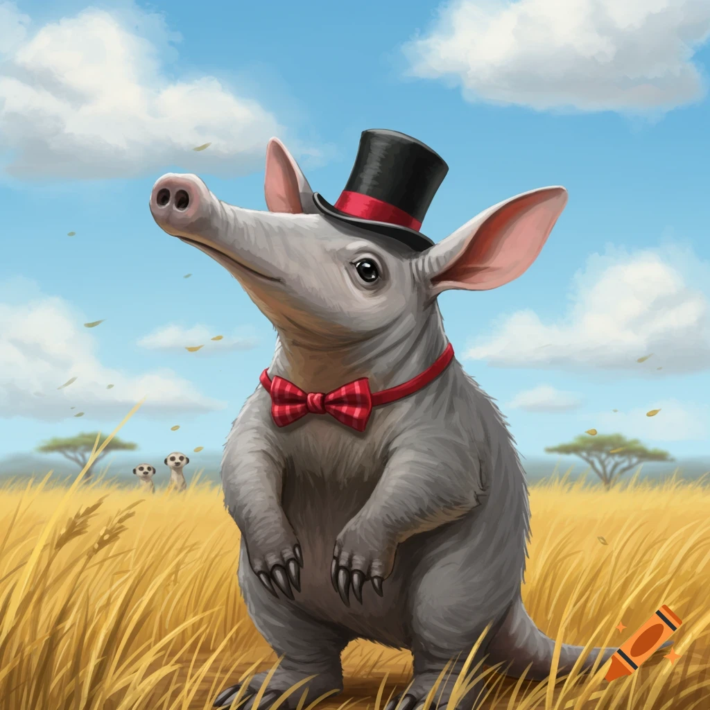 A cartoonish aardvark in a top hat and bow tie stands in a sunny savanna with meerkats and trees in the background.
