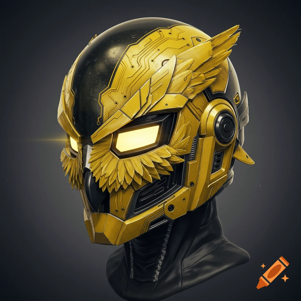 A golden yellow and black robotic helmet with glowing eyes and owl-like features, futuristic and fighter pilot inspired.