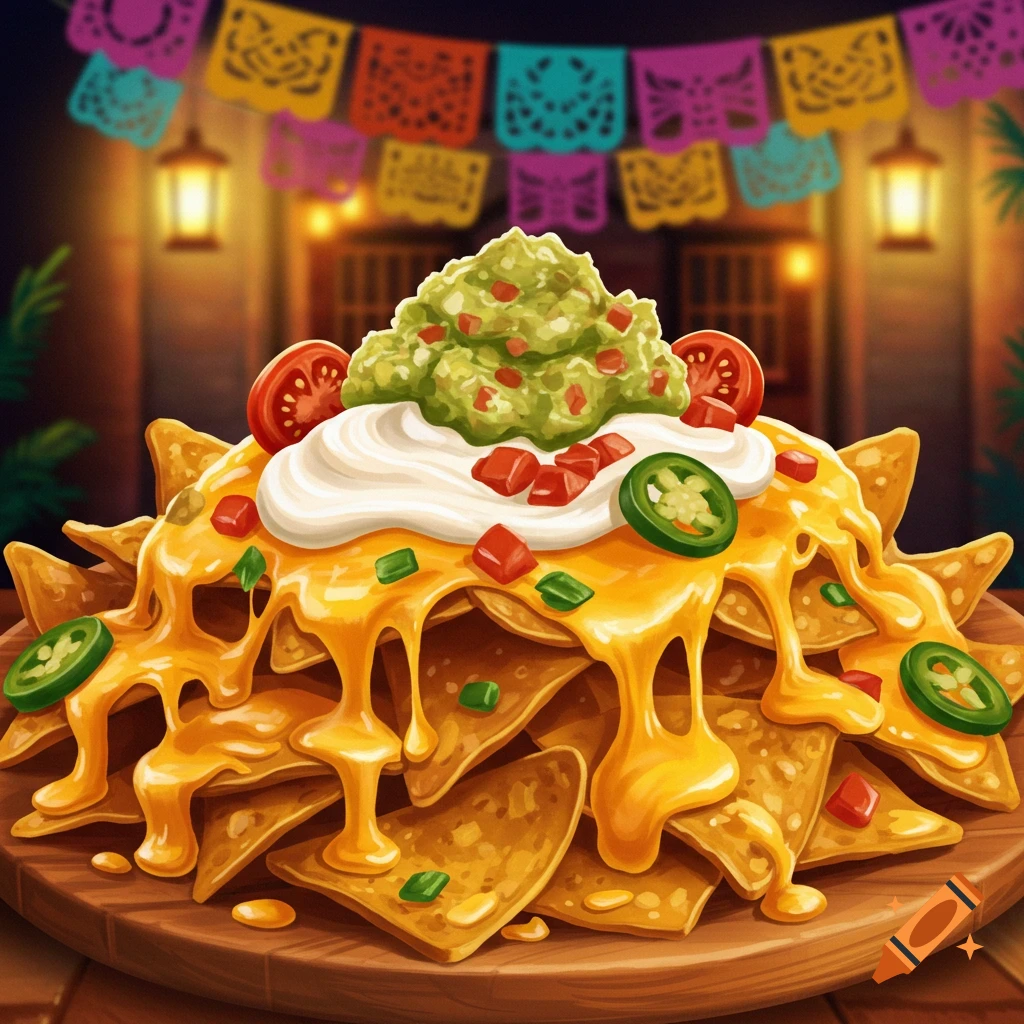 A vibrant, stylized plate of nachos with melted cheese, guacamole, sour cream, tomatoes, and jalapeños under festive banners.