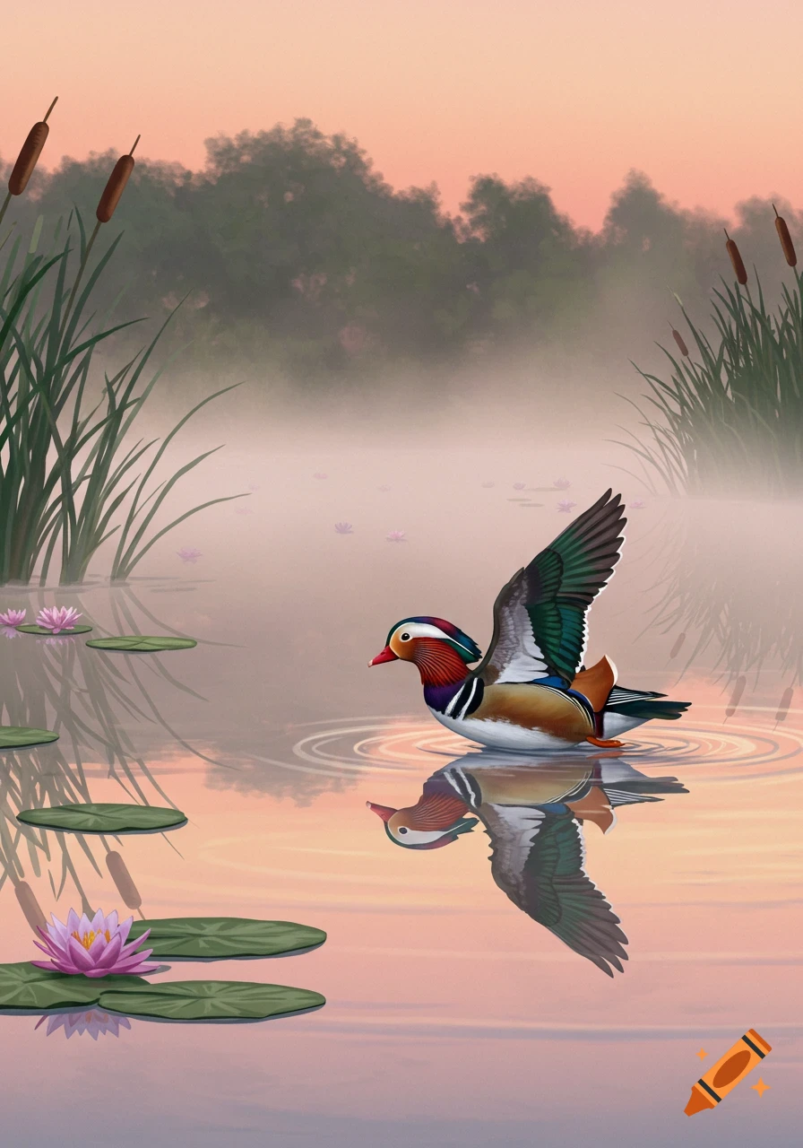 A colorful Mandarin duck on a misty pond with lily pads and pink water lilies at sunrise, reflecting on the water.
