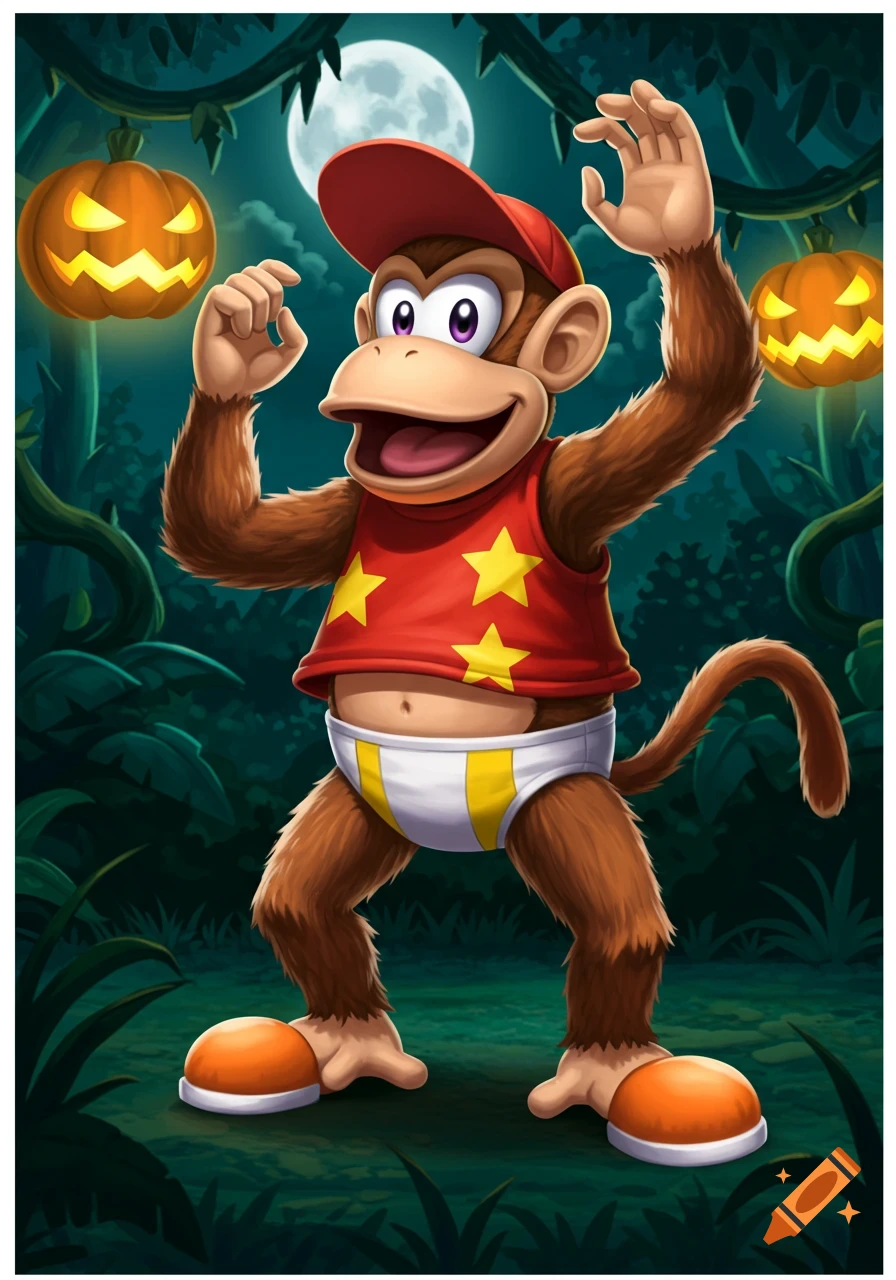 Cartoon Diddy Kong in a Halloween costume with a red tank top and briefs, in a dark jungle with jack-o'-lanterns and a full moon.