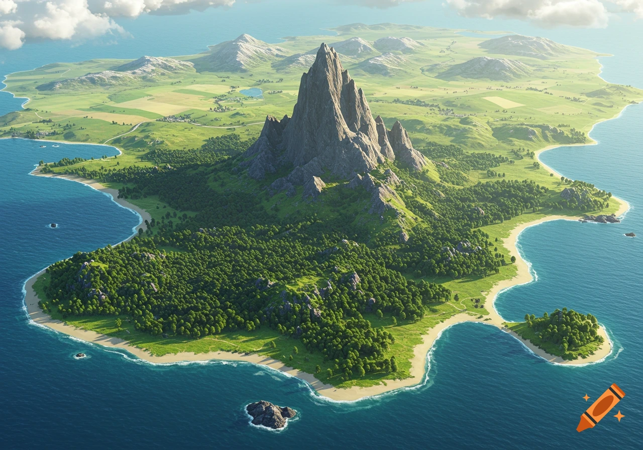 Aerial view of a large island with a central jagged mountain, dense green forests, white sand beaches, and rolling green hills under a partly cloudy sky.