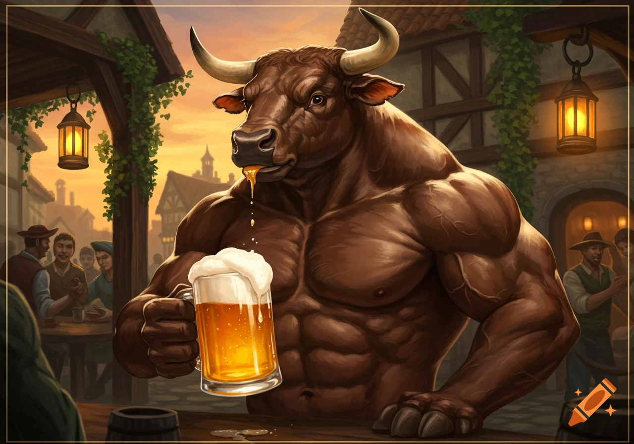 A muscular anthropomorphic bull holding a foamy mug of beer, with liquid dripping from its mouth, in a rustic pub.