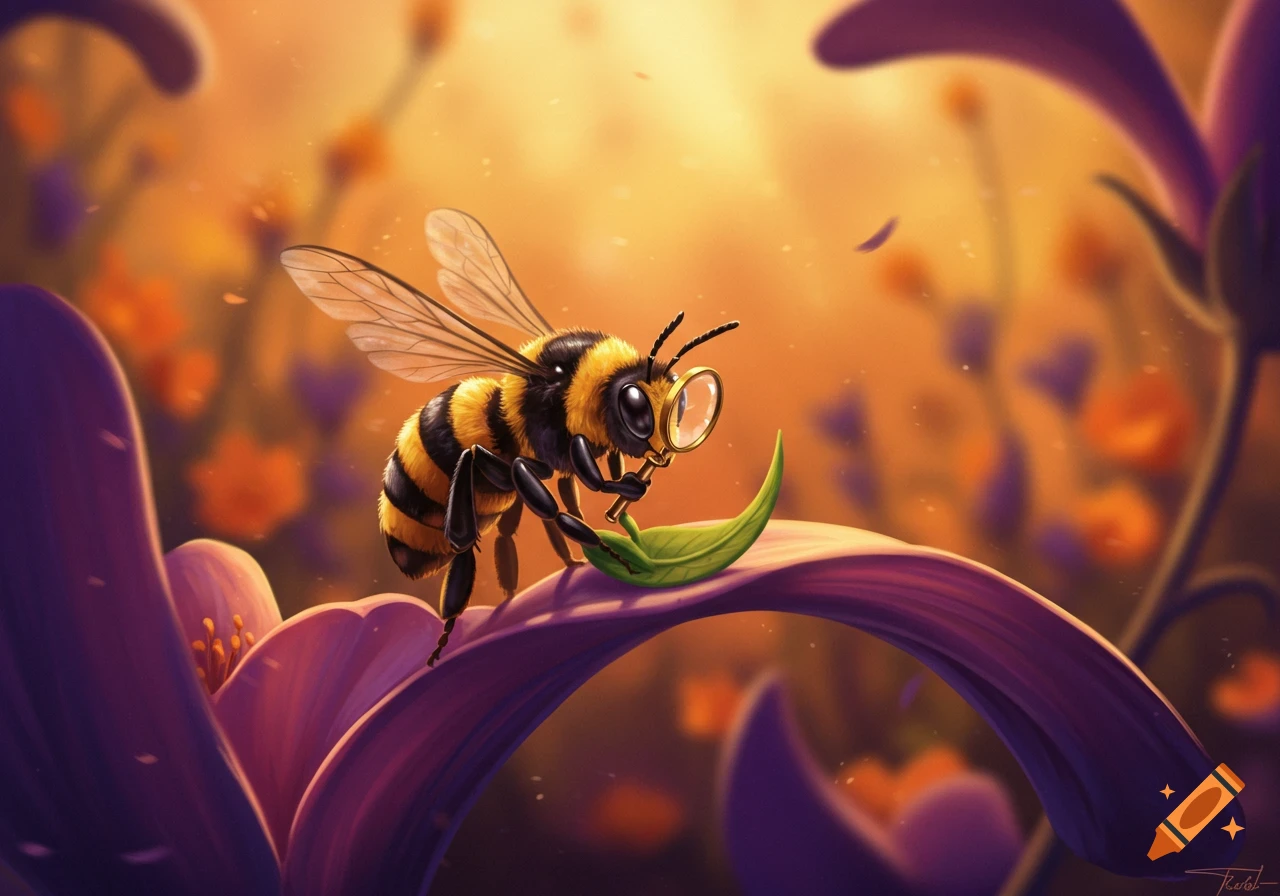 A detailed illustration of a cartoon bee with a magnifying glass examining a green leaf on a purple flower petal, warm blurry background.