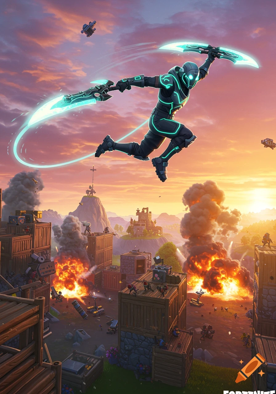 Fortnite character with glowing scythes leaps over a battleground with explosions at sunset.