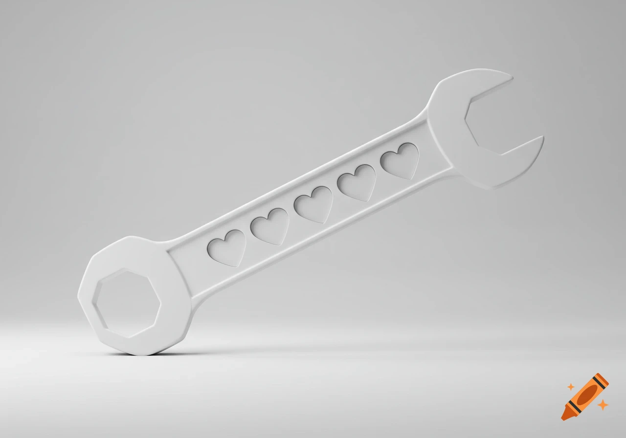 A minimalist 3D rendering of a white wrench with six heart-shaped cutouts on a light gray background.