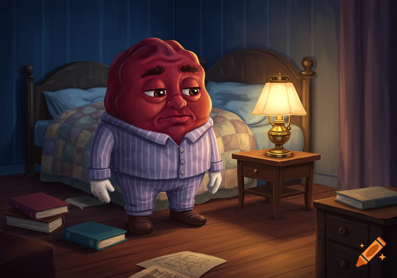 A sad, anthropomorphic raisin character in blue striped pajamas stands in a dimly lit bedroom, looking down.