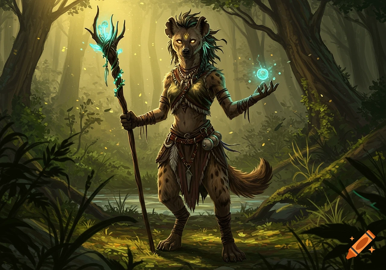 Tribal anthropomorphic hyena druid woman holds a glowing staff and magic orb in a sunlit fantasy forest.