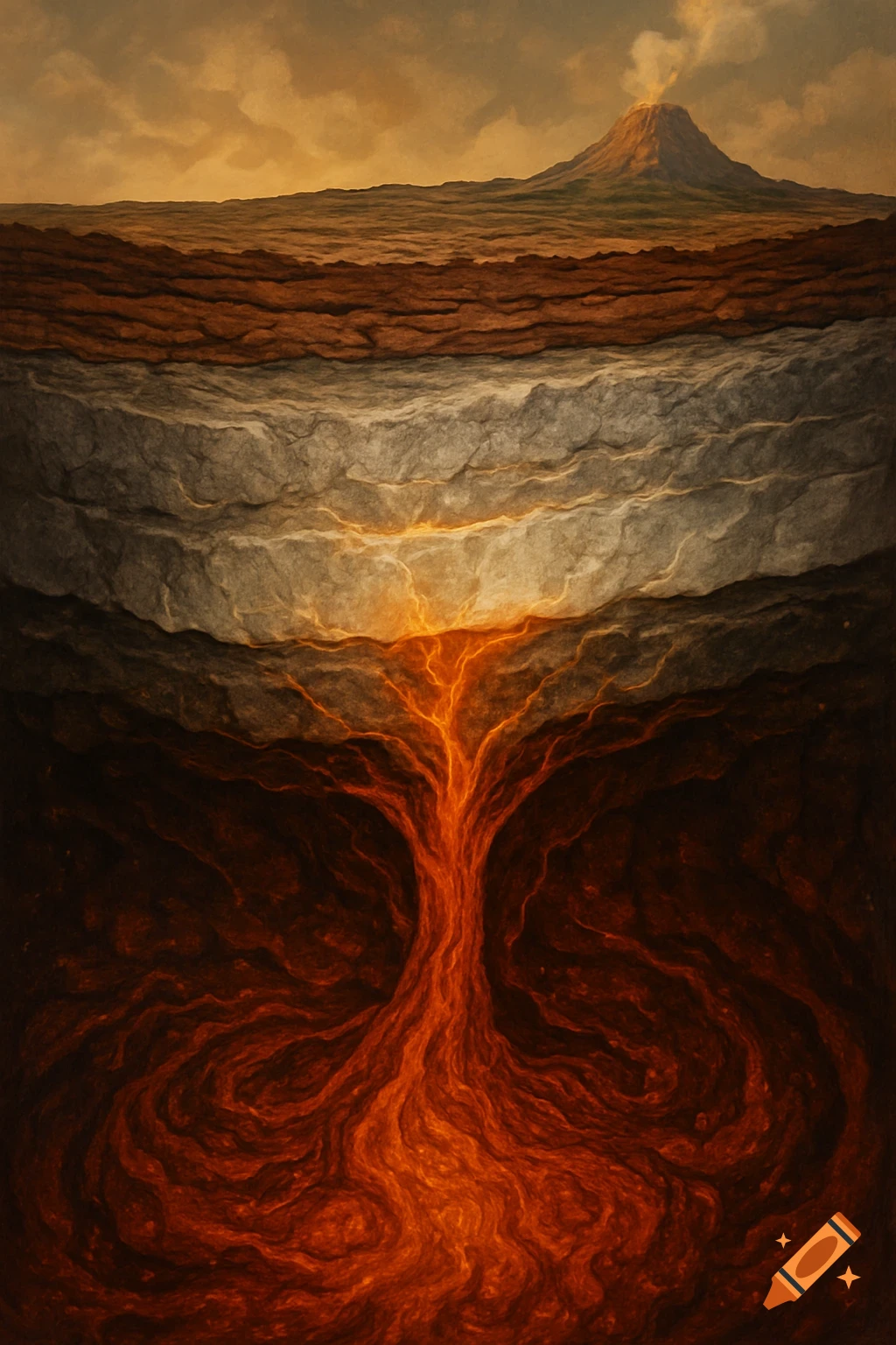 A cross-section of Earth's crust with layers of rock and glowing magma rising from below, capped by an erupting volcano under a cloudy sky.