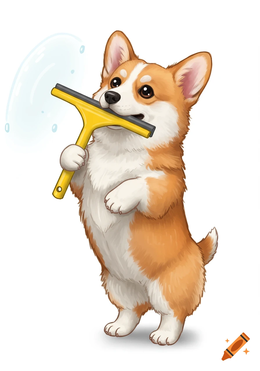 Cute cartoon corgi standing on hind legs, holding a yellow squeegee in its mouth and paws, with blue bubbles.
