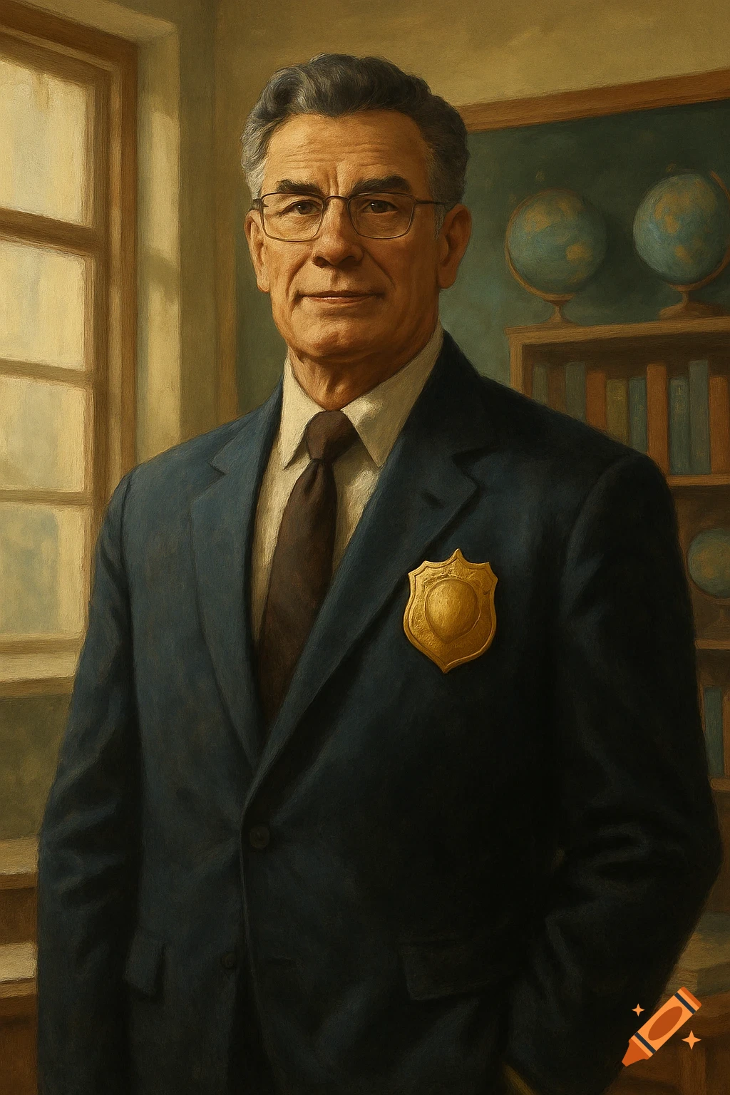 Oil painting of a smiling male teacher with gray hair and glasses, wearing a dark suit with a gold badge, standing in a classroom.