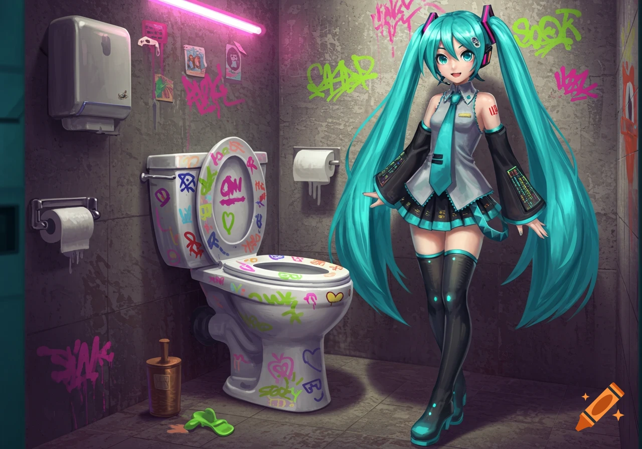 Hatsune Miku in a grunge-style public restroom with graffiti-covered walls and toilet, under a neon pink light.