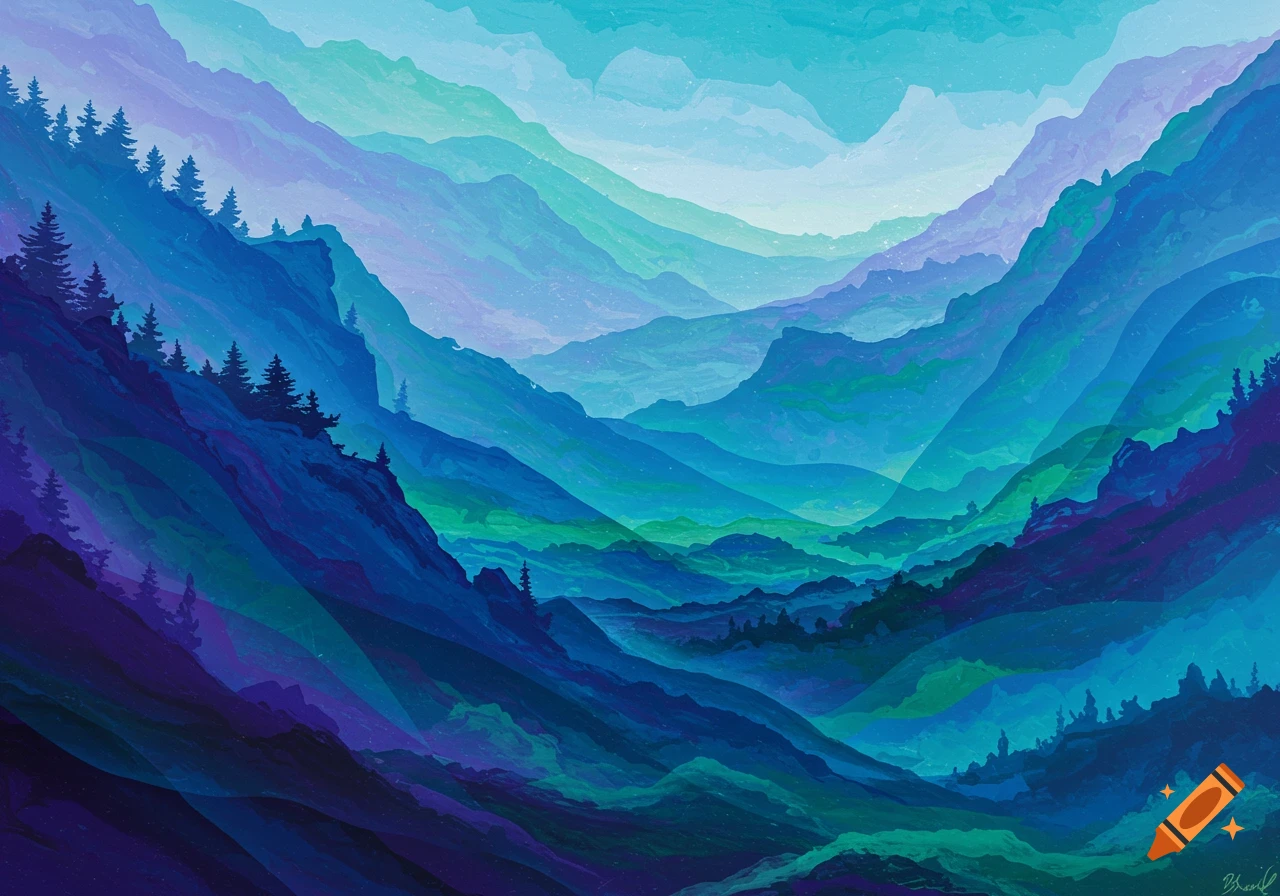 Abstract, layered mountain landscape painting in cool blues, greens, and purples, with a psychedelic oil painting texture.