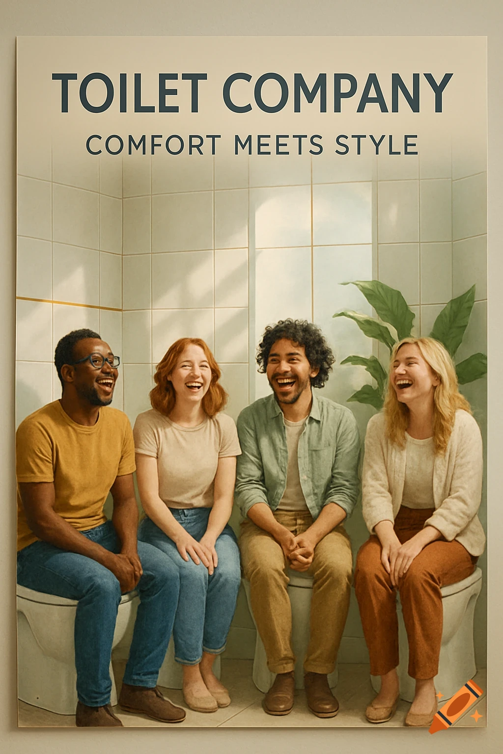 Four laughing friends sit on toilets in a bathroom, under a 'TOILET COMPANY' poster with text 'COMFORT MEETS STYLE'.