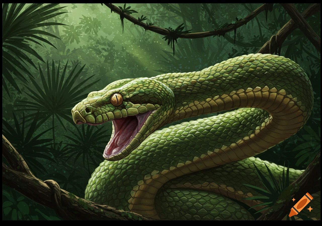 Detailed illustration of a green constrictor snake with its mouth wide open, coiled in a dark, leafy jungle.