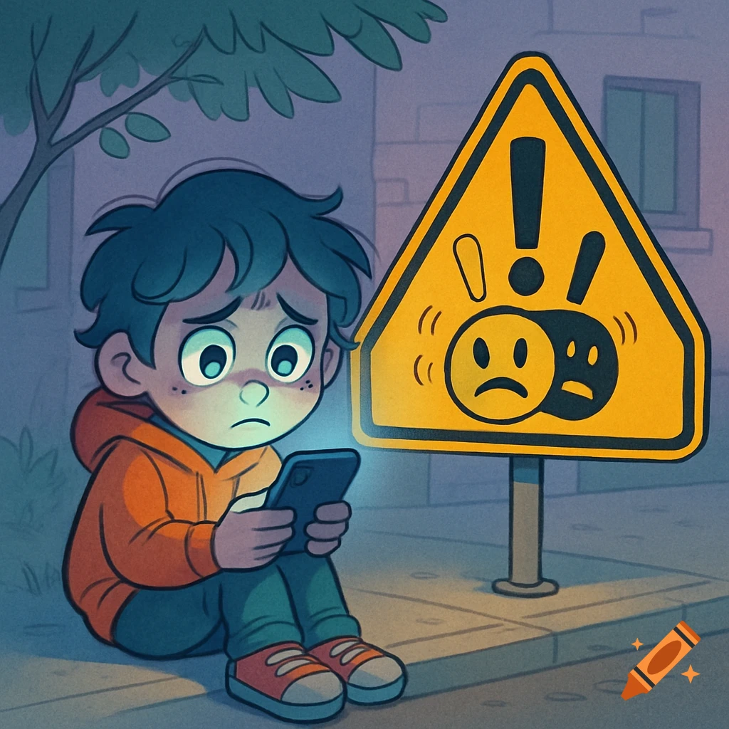 A sad cartoon boy sits on a curb, looking at a glowing phone screen next to a yellow warning sign with an exclamation mark and distressed faces.