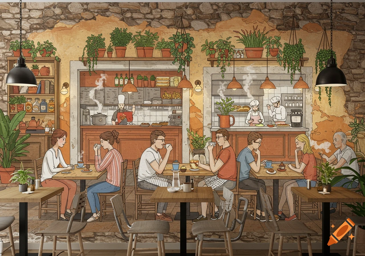 Stylized illustration of a bustling cafe interior with customers and chefs in an open kitchen, rustic walls.
