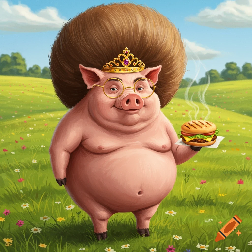 A cartoon pig with a large brown afro, gold crown, and glasses stands in a flowery field holding a steaming burger.