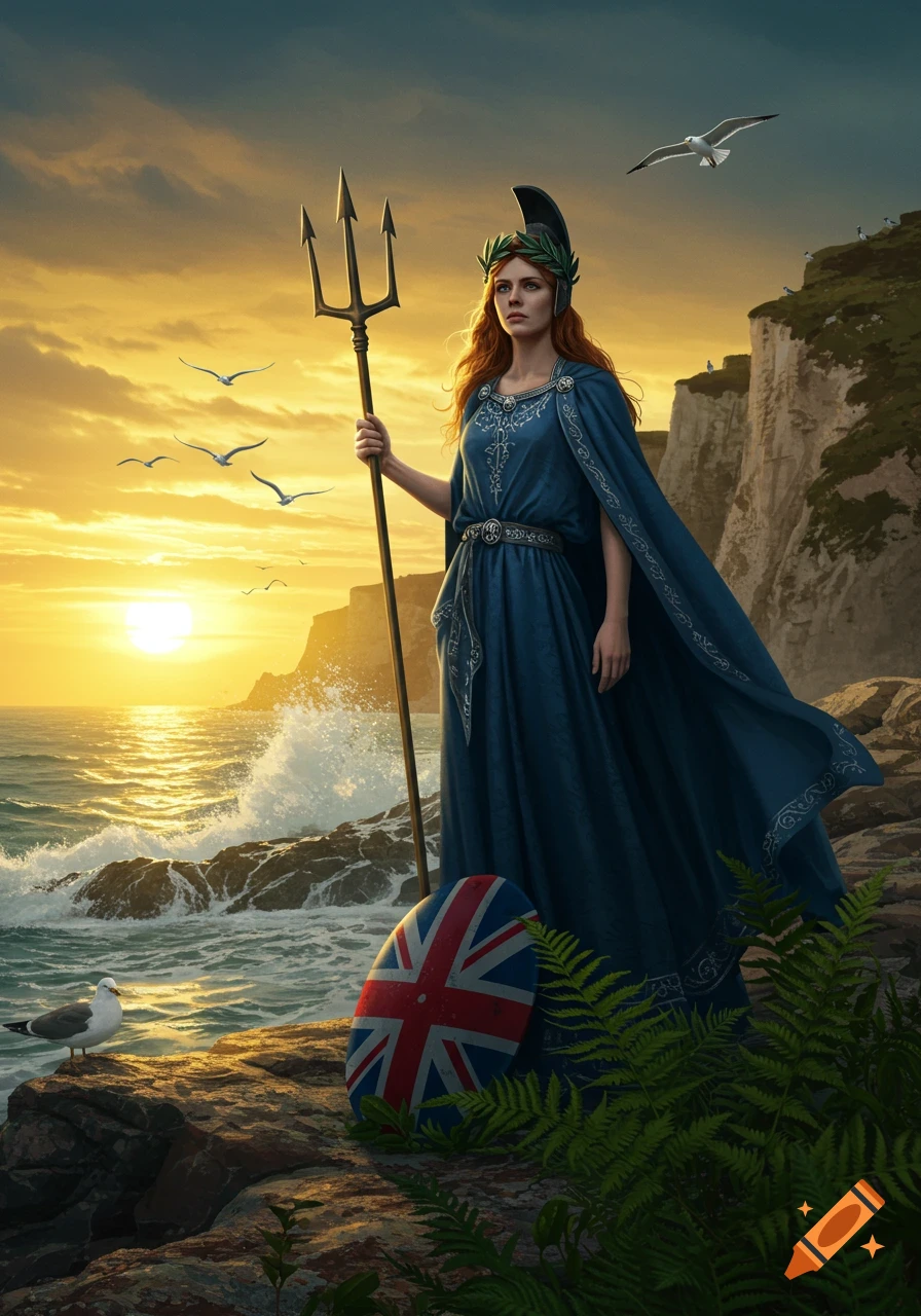 Britannia, a red-haired woman in a blue gown, stands on a rocky coast at sunset holding a trident, with a Union Jack shield.