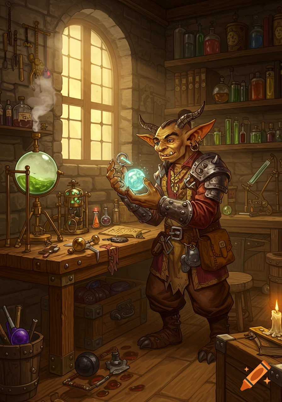 A detailed fantasy illustration of a hobgoblin artificer holding a glowing blue orb in a cluttered alchemist's workshop.
