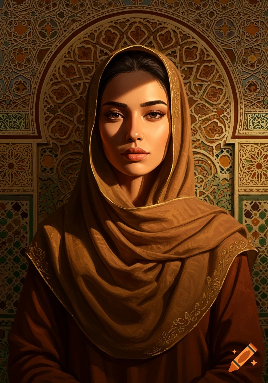 A portrait of a woman in a brown hijab against an intricately patterned Islamic art background.
