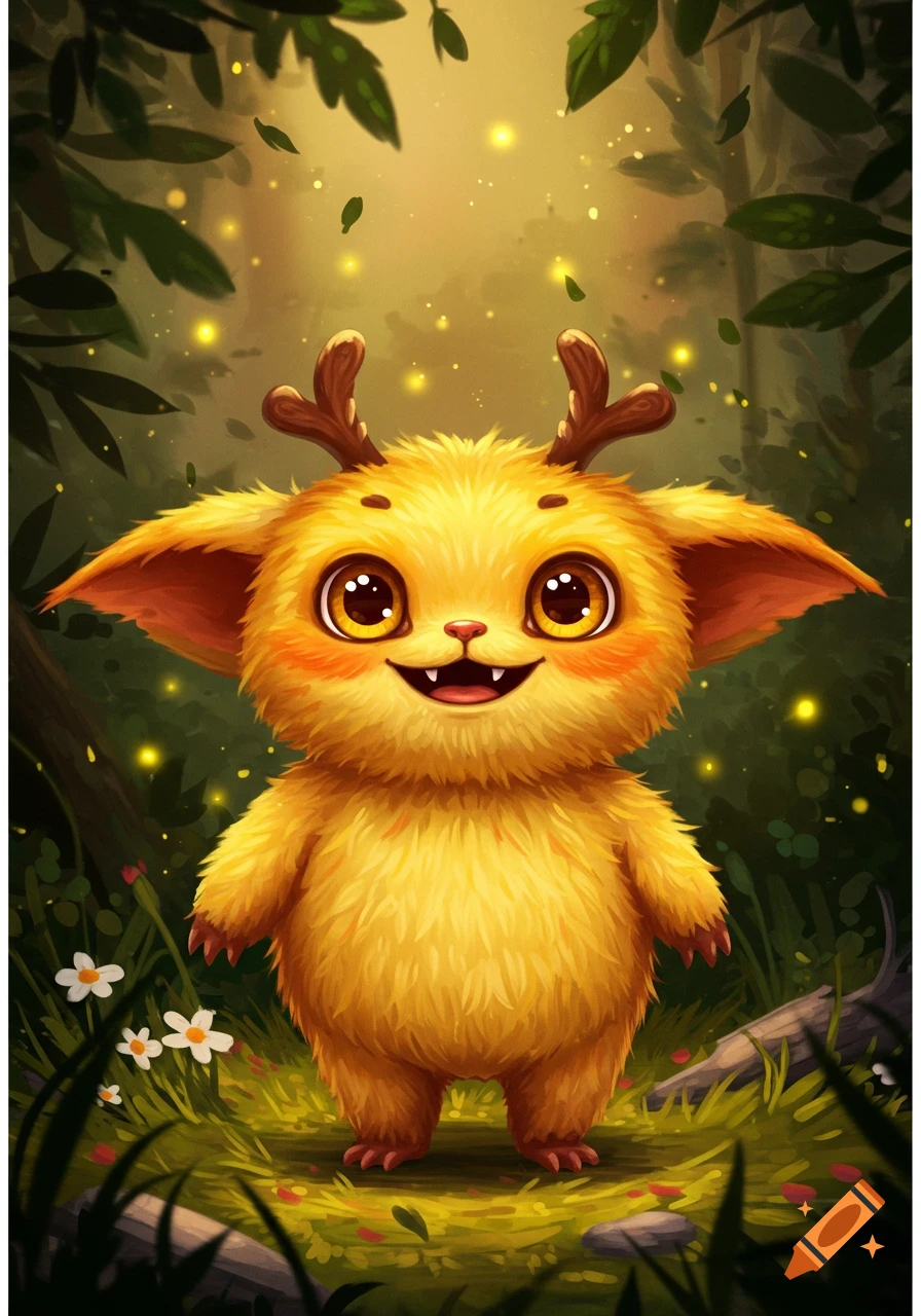 A cute, fluffy yellow fantasy creature with small antlers smiles in a glowing forest, cartoon style.