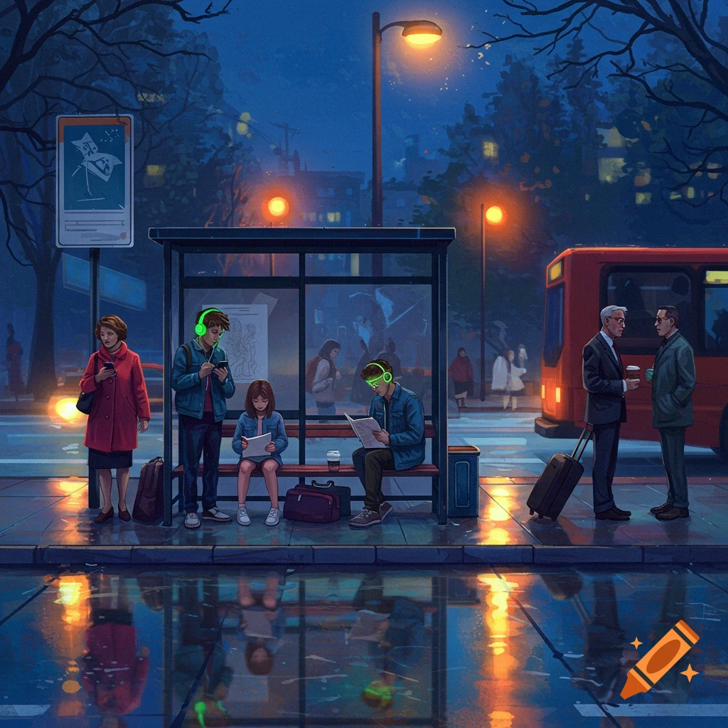 Illustration of people waiting at a bus stop on a rainy night, streetlights reflecting on wet pavement.