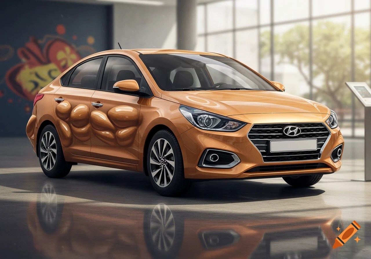 Photorealistic bronze-orange Hyundai Accent car with large muscle-like bulges on its sides, parked in a modern showroom.