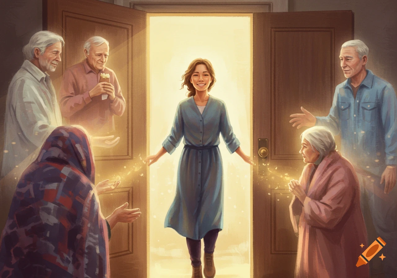A young woman glows in a doorway, surrounded by older, ethereal figures in a painterly digital illustration.