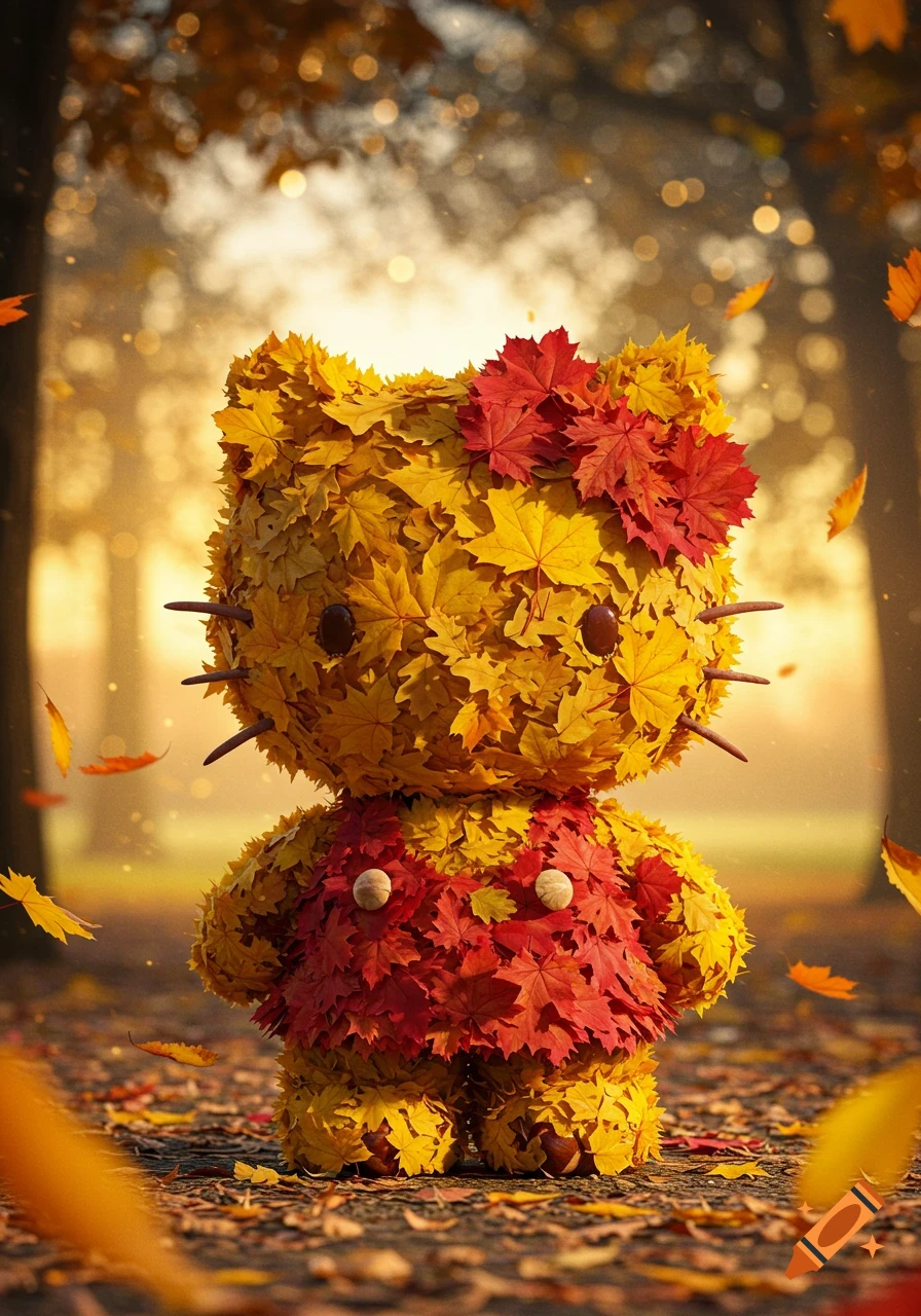 A whimsical Hello Kitty figure crafted from yellow and red autumn leaves, standing on a forest path with falling leaves and soft bokeh.
