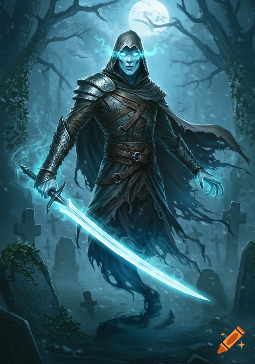 A spectral cloaked figure with glowing blue eyes and hands stands in a dark, misty graveyard under a full moon, holding a luminous sword.