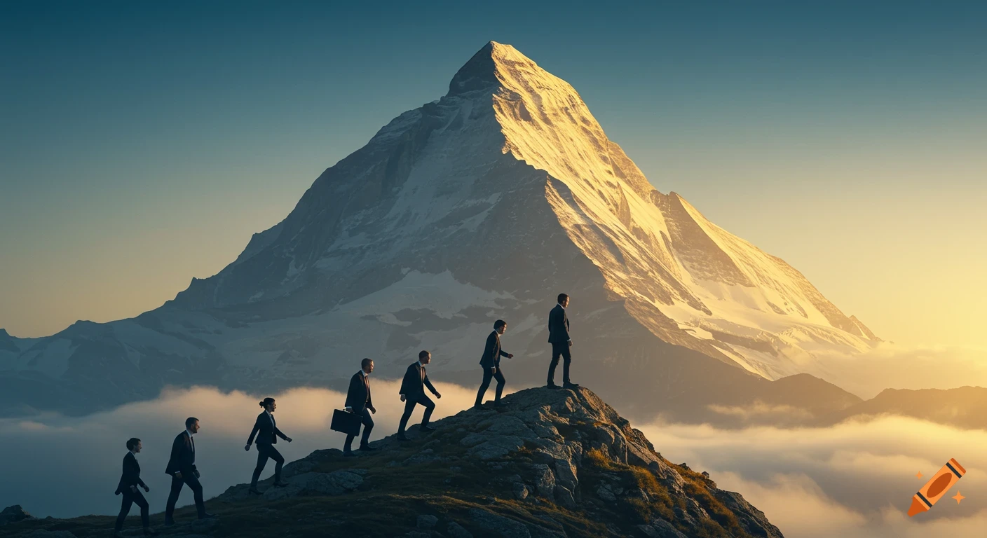 Seven business people ascend a rocky mountain path towards a majestic, sunlit snow-capped peak at dawn.