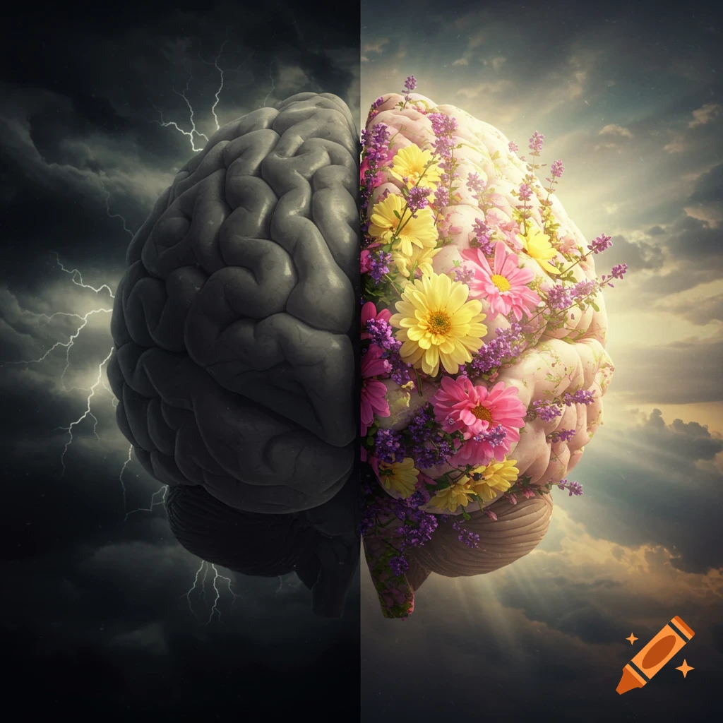 A human brain split down the middle; one half is dark with storm clouds and lightning, the other is bright with colorful flowers and sunlight.