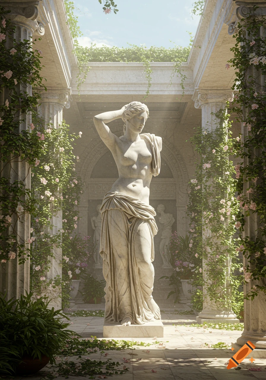 A classical marble sculpture of a partially draped woman stands in a sunlit, vine-covered ancient courtyard with columns.