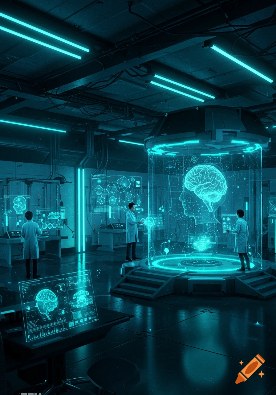 Three scientists in a futuristic neon blue lab studying a glowing holographic brain and data on transparent screens.