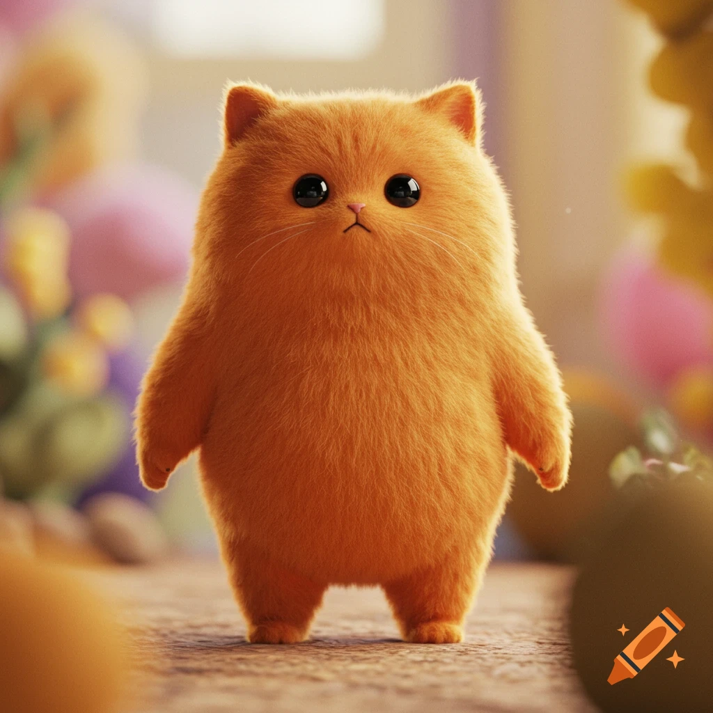 A cute, fluffy orange 3D-rendered bipedal cat creature with big black eyes.