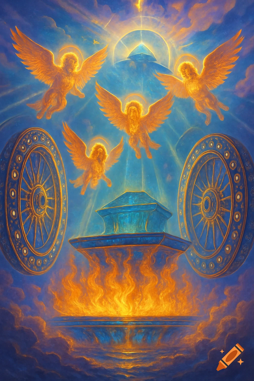 Golden winged angels fly above a glowing blue altar with fire below, flanked by large ornate golden wheels in a blue sky.