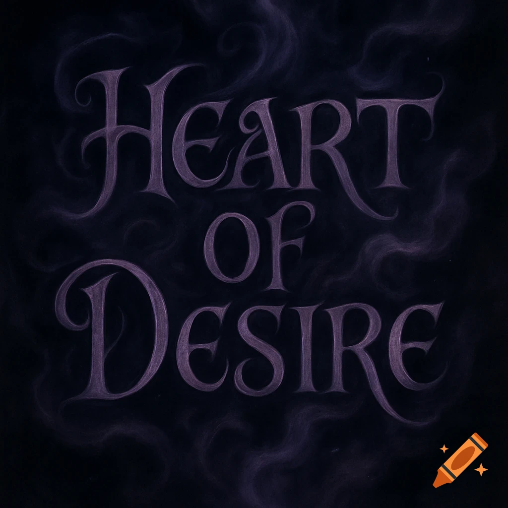 Stylized dark purple text "Heart of Desire" on a smoky black background.