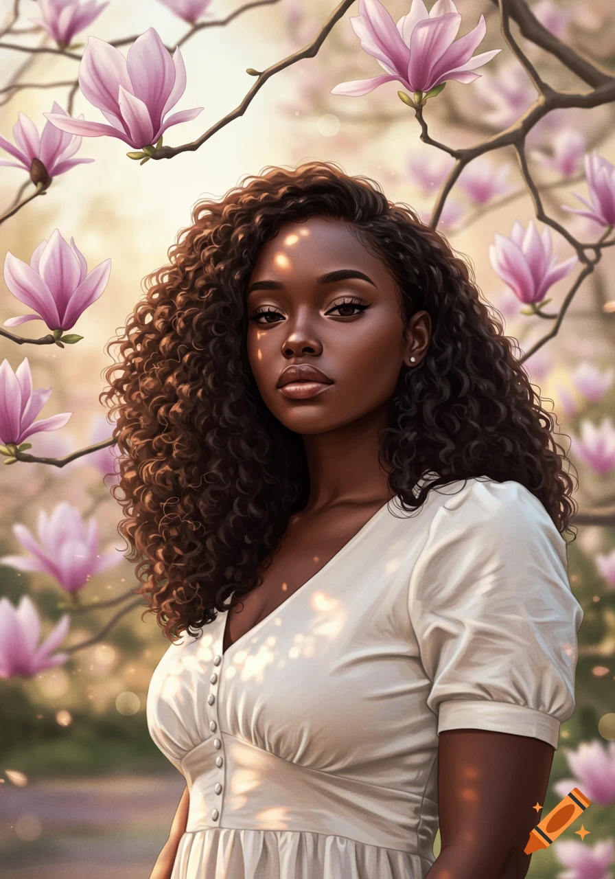 A beautiful young black woman with curly hair and plump lips looks at the viewer, surrounded by pink magnolia blossoms.