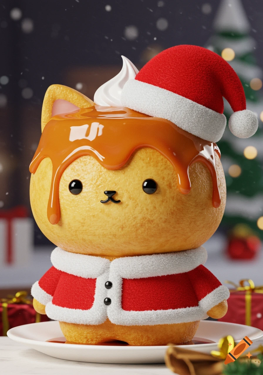 A cute, stylized 3D rendered cat-shaped flan dessert with caramel glaze, wearing a Santa hat and outfit, against a blurred Christmas background.