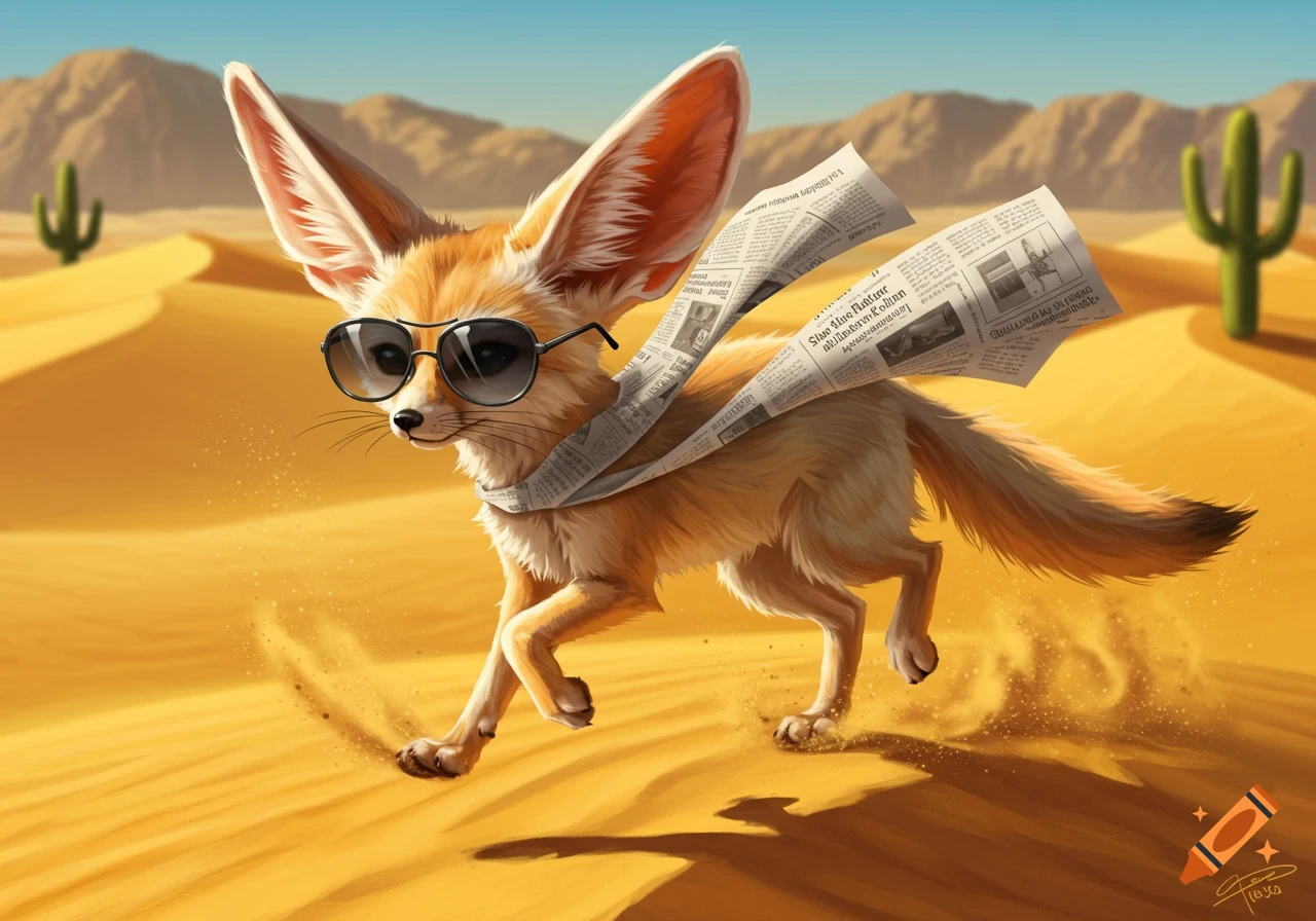 A fennec fox in sunglasses and a newspaper scarf runs through a sandy desert with dunes and cacti under a clear blue sky.