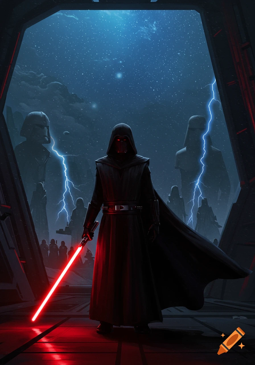A dark cloaked figure similar to Darth Vader holds a red lightsaber on a stormy alien planet with lightning and silhouettes of other helmeted figures.