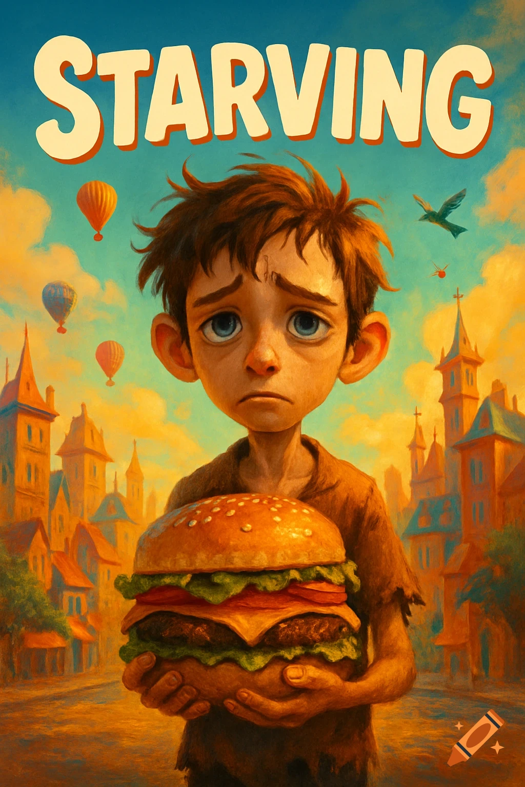 A sad, skinny cartoon boy holds a large burger in front of a colorful cityscape with hot air balloons, under the word "STARVING".