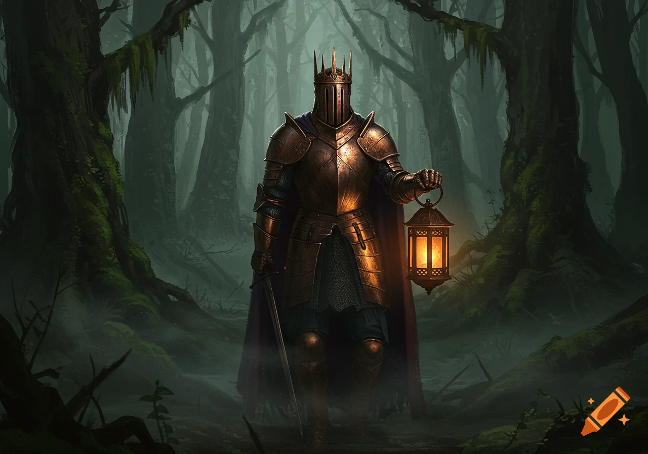 A knight in dark, gleaming armor with a horned crown, holding a lit lantern, stands in a misty, moss-covered forest.