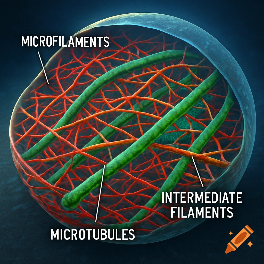 A 3D diagram of a cell's cytoskeleton, showing red microfilaments, green microtubules, and intermediate filaments inside a translucent cell, with labels.
