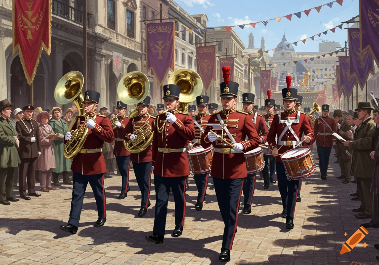 A military band in red uniforms marches in a parade down a cobblestone street lined with spectators and decorated buildings.