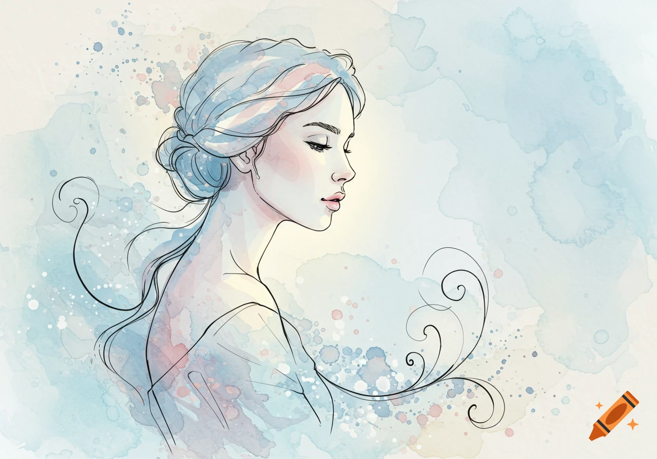A watercolor and ink sketch of a woman's profile looking right, with soft blue and pink tones and flowing lines.