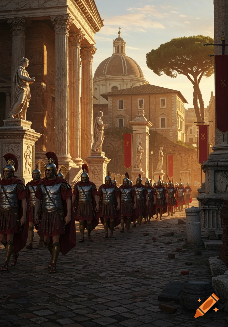 A line of Roman soldiers in metallic armor and red cloaks marches down a cobbled street past ancient temple ruins and buildings under a golden sky.